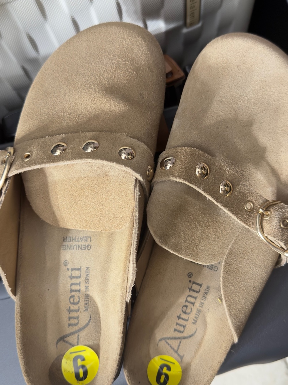 Beige Suede Slip-On Clogs with Gold Studs